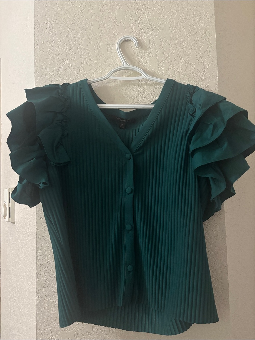 Pleated Teal Green Ruffle Sleeve Blouse